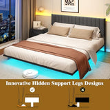 ARFARLY King Size Bed Frame with LED Lights and Charging Station, Floating Bed Frame with Upholstered Headboard, Metal Platform Bed Frame King with Under Bed Storage, No Box Spring Needed/Grey ARFARLY