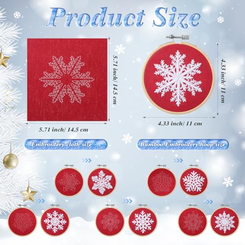 Roowest 6 Sets Winter Embroidery Kits for Beginners Adults Winter Snowflakes Cross Stitch Embroidery Ornament Kit DIY Craft Needlepoint Sets with Pattern Instructions Thread Needle Ribbon(Red)
