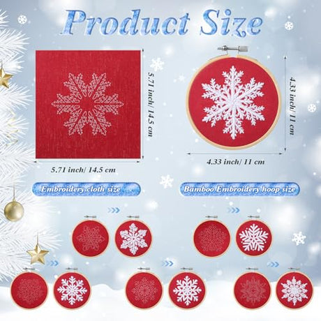 Roowest 6 Sets Winter Embroidery Kits for Beginners Adults Winter Snowflakes Cross Stitch Embroidery Ornament Kit DIY Craft Needlepoint Sets with Pattern Instructions Thread Needle Ribbon(Red) Roowest