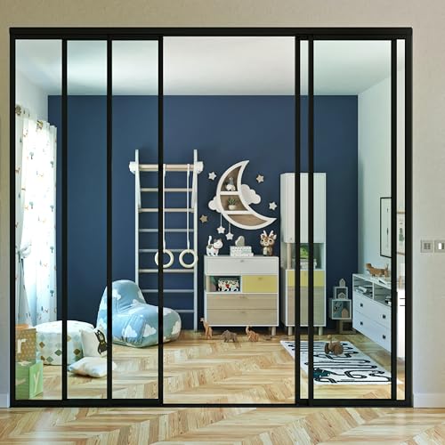 Doors55 4 Panel Glass Room Divider and Sliding Glass Closet Doors - Smoked Frosted Partition Wall - Clear, Smoked and Frosted Glass Sliding Doors Options (Clear Glass, 96x96) Doors55