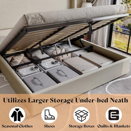 AMERLIFE Lift Up Storage Bed King Size Linen Upholstered Platform Bed Frame, Hydraulic Storage,Modern Wingback Headboard, No Box Spring Needed, Khaki AMERLIFE