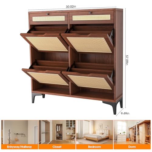 Algglobuy Rattan Shoe Storage Cabinet with 4 Flip Drawers for Entryway, Slim Narrow Shoe Organizer Cabinet with 2 Top Drawers, Dark Brown Algglobuy