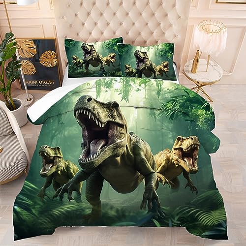 VTKON Kids Dinosaur Comforter Set Full Size for Boys Green Dino Quilt Set Soft Microfiber Dino Bed Set for All Season Use Dinosaur Bedding Set with 1 Comforter + 2 Pillowcases VTKON