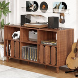 55 in Large Record Player Stand with Charging Station - Vinyl Record Storage Cabinet with 2 USB Ports, Open Shelves & Turntable Holder, Mid-Century Modern Wood TV Media Console for Living Room Garvee