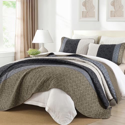 Cottolester Quilt Set Queen Size 3 Pieces,Striped Plaid Bedspread Coverlet Set,Taupe Boho Bedding Set Soft Microfiber Bedding Set with 2 Pillow Shams 96"x90" Cottolester