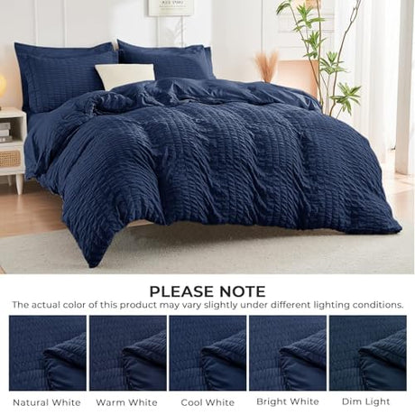 HYMOKEGE Navy Blue King Size Comforter Set Seersucker 7 Pieces, All Season Luxury Bed in a Bag for Bedroom, Bedding Set with Comforters, Sheets, Pillowcases & Shams HYMOKEGE