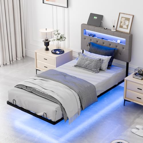 VINGLI Twin Floating Bed Frame with Upholstered Headboard,Charging Station/LED Lights, Modern Platform Bed,Heavy Duty Metal Bed Frame,Adjustable Headboard, No Box Spring Needed, Easy Assembly,Grey VINGLI