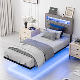 VINGLI Twin Floating Bed Frame with Upholstered Headboard,Charging Station/LED Lights, Modern Platform Bed,Heavy Duty Metal Bed Frame,Adjustable Headboard, No Box Spring Needed, Easy Assembly,Grey VINGLI