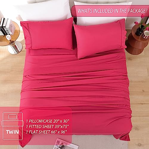 Whitney Home Textile Twin Sheet Set - 3 Piece Bed Sheets for Twin Size Bed, Luxury Soft Breathable Microfiber, Extra Deep Pocket, Bedding Sheets & Pillowcase, Wrinkle Free Oeko-Tex, Magenta Whitney Home Textile