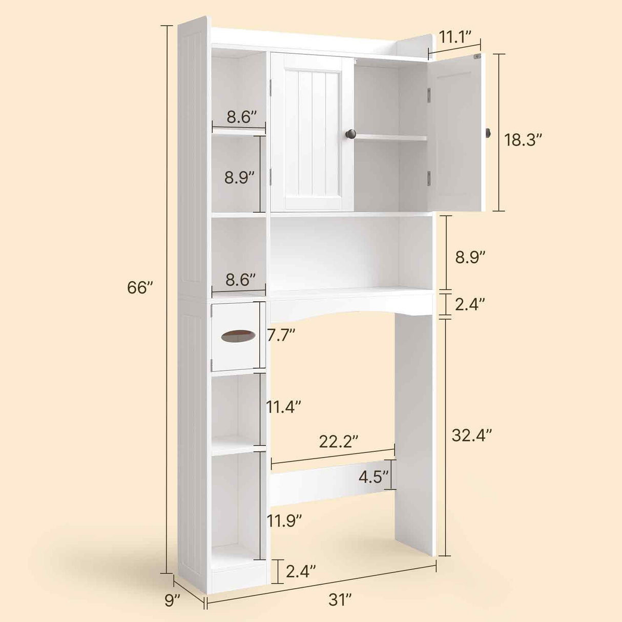Gizoon Over The Toilet Storage Cabinet, 66''H Over Toilet Bathroom Organizer, Over Toilet Storage Cabinet with 2 Doors, Paper Holder and Racks, Adjustable Shelf, for Bathroom, Laundry, White Gizoon