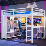 Bellemave Queen Size Loft Bed with Desk, Wardrobe, Metal Queen Loft Bed Frame for Adults, Kids, Teens, White Bellemave