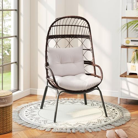 Tangkula Narrow Wicker Egg Chair Outdoor, Patio Rattan Lounge Basket with Seat & Back Cushions, Metal Indoor Outdoor Leisure Sofa Cocoon Chair for Bedroom, Backyard, Balcony, 400 lbs Max Load Tangkula