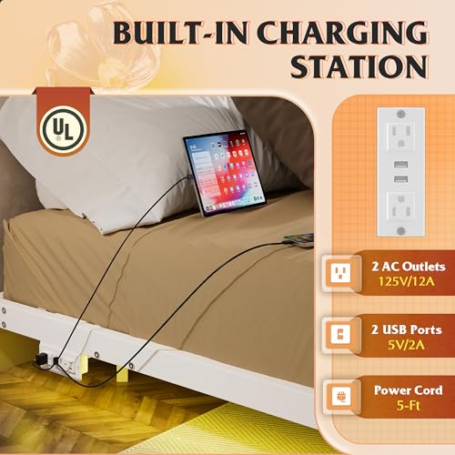WLIVE Floating Queen Bed Frame, 1500Lbs Heavy Duty Metal Platform with LED Light and Charging Station, No Box Spring Needed, Easy Assembly, No Noise, Queen Size, Black, White WLIVE