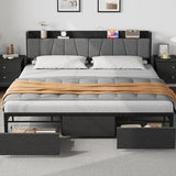 GarveeHome King Size Bed Frame with Storage Headboard, Black King Platform Bed with 2 Large Drawers and Charging Station, Industrial No Box Spring Needed Bedframe GarveeHome