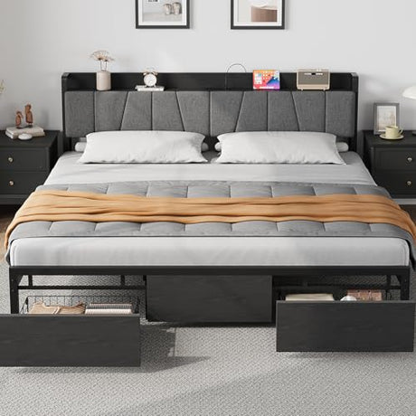 GarveeHome King Size Bed Frame with Storage Headboard, Black King Platform Bed with 2 Large Drawers and Charging Station, Industrial No Box Spring Needed Bedframe GarveeHome