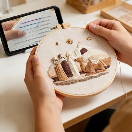 Myfelicity Embroidery kit,Adults Set,Nativity Scene Embroidery Hoop Art Set, Religious Christmas Theme, 3-Piece Collection with Angels and Manger Scene in White Embroidery Cloth Myfelicity