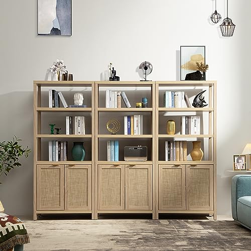SICOTAS 5-Tier Rattan Boho Bookshelf with Doors - Tall Farmhouse Storage Bookcase for Living Room, Bedroom, and Office SICOTAS