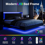 Belffin Floating Bed Frame King Size with LED Lights & Charging Station, Wooden Headboard with Hidden Storage and Faux Leather Backrest, Easy Cleaning, No Box Spring Needed, Noise-Free, Black Belffin