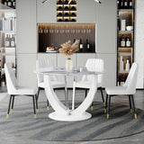 JUFU Round Dining Table Set for 4, 47" White Dinner Table Set for 4 with Marble Pattern Tabletop and PU Upholstered White-007 Chairs, Modern 4 Person Dining Table Set for Dinning Room, Kitchen, Café JUFU