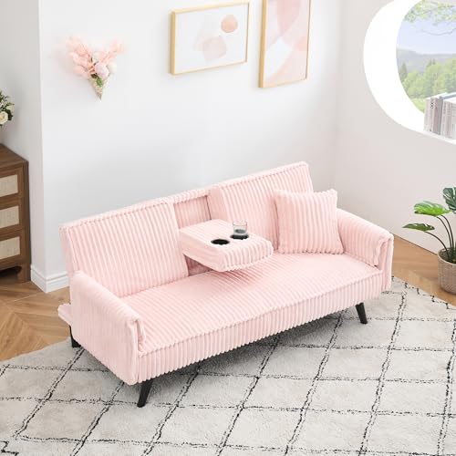 72" Modern Corduroy Sofa Bed Futon,Convertible Sleeper Couch Bed with Cup Holder,4 Reclining Positions,Folding Sofa Cloud Loveseat for Small Living Room Apartment Office (Pink-New) Majnesvon