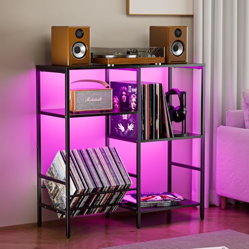 Record Player Stand with LED Light, Turntable Stand with Vinyl Storage - Up to 300+ Albums, 3-Tier Record Player Table Cabinet, Adjustable Shelf & V-Shaped Holder, Vinyl Display Shelf for Living Room Nidouillet