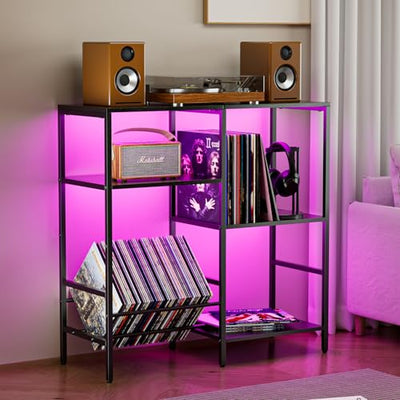 Record Player Stand with LED Light, Turntable Stand with Vinyl Storage - Up to 300+ Albums, 3-Tier Record Player Table Cabinet, Adjustable Shelf & V-Shaped Holder, Vinyl Display Shelf for Living Room