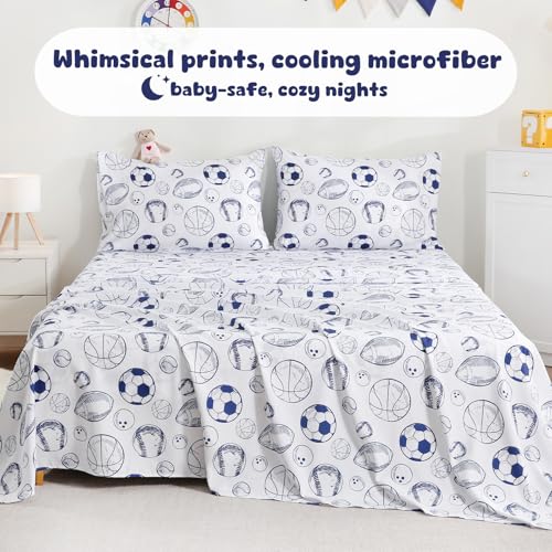 LONAVA Full Sheet Set Kids - 4 Pieces Soft Microfiber Cartoon Style Bedsheets for Boys Girls Teens, Oeko TEX, Breathable Deep Pocket Sheets, (Ball Sports) LONAVA