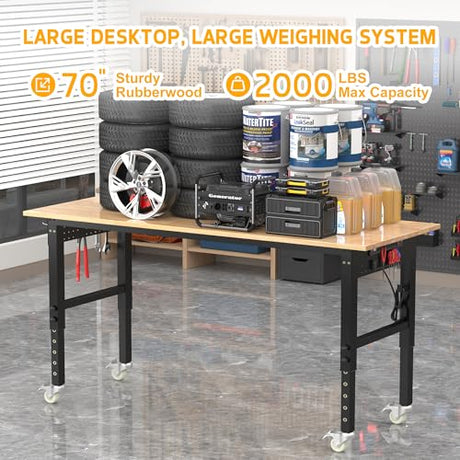 BETISEF 70’’ Work Bench Adjustable Workbench Heavy Duty Work Table with Power outlets, Pegboard, Wheels and Foot Pads, 2000 Lbs Capacity Hardwood Work Benches for Garage, Workshop, Office, Home BETISEF