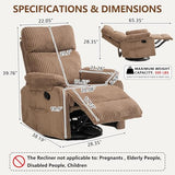 Manual Small Recliner Rocking Chair for Nursery/Relaxation, Corduroy Swivel Glider Recliner for Living Room Bedroom, Brown Rocking Chair Nursery Recliners for Small Spaces, Side Pockets (Brown)