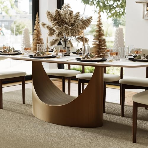 POVISON 94" Modern Dining Table for 8-10, Hobart Matte White Dining Room Table, Sintered Stone Tabletop with Bronze Carbon Steel Pedestal, 94 inch Rectangle Dining Table (Table Only) POVISON