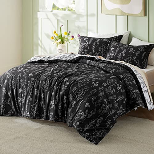 Bedsure King Comforter Set - Black Bed Set, 3 Pieces Cute Floral Bedding, 1 Soft Reversible Botanical Flowers Comforter and 2 Pillow Shams Bedsure