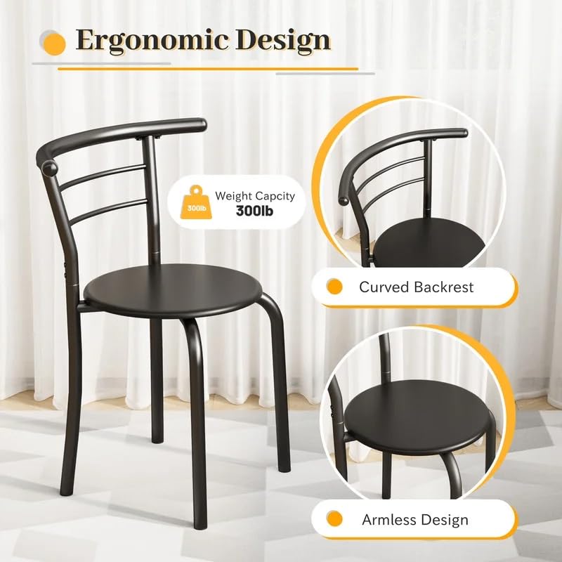 Shahoo 3-Piece Wooden Dining Table Set, Kitchen Breakfast Nook Sets with 2 Chairs & Round Tabletop, Space Saving Furniture Metal Frame and Built-in Wine Rack, Black Shahoo