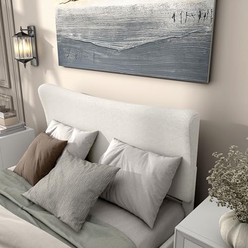 Vivienne Contemporary Boucle Fabric Queen Size Platform Bed Frame with Adjustable Curved Headboard and Solid Wood Legs - White Furniture of America