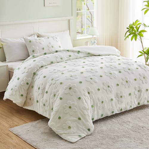 VIVILINEN Twin Comforter Set for Girls 2 Pieces Green Floral Twin Size Bedding Set Cute Comforter with Tufted Daisies Flowers, Lightweight Bed Set for Kids Teen Girls Women VIVILINEN