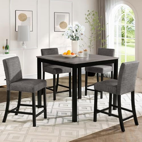KEIKI 5-Piece Counter Height Dining Table Set with Square Table and 4 Upholstered Curved Backrset Chair, for 4 Person, Modern Wooden Table Set, Easy Assembly, for Kitchen, Dining Room, Black+Gray KEIKI