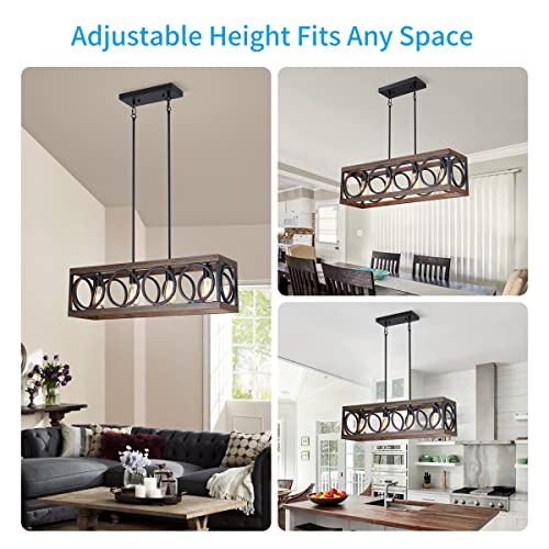 XINGQI Black Kitchen Island Light Fixtures, Farmhouse Dining Room Chandelier Rectangular Linear Chandeliers Pendant Ceiling Light Fixture for Bar Office Coffee Shop 4-Light Wood Grain XINGQI