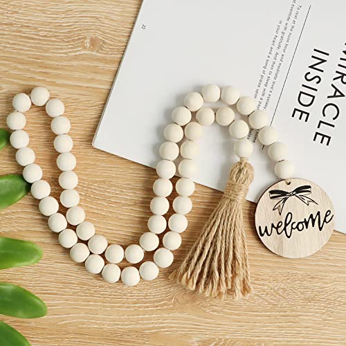 Meplait Welcome Wooden Bead Garland with Tassel, Decorative Beads Home Decor Farmhouse Tassel Garland Boho Decor for Tiered Tray（38in） Meplait
