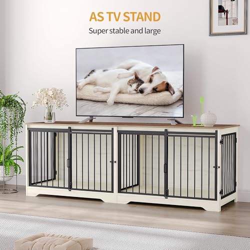 Hzuaneri 78" Dog Crate Furniture for 2 Dogs, Double Dog Cage with Divider, Wooden Heavy Duty Dogs Kennel, Pet Cage with Barn Door, TV Stand for Large Small Medium Dogs, White Brown DFC83714BV1 Hzuaneri