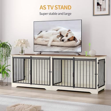 Hzuaneri 78" Dog Crate Furniture for 2 Dogs, Double Dog Cage with Divider, Wooden Heavy Duty Dogs Kennel, Pet Cage with Barn Door, TV Stand for Large Small Medium Dogs, White Brown DFC83714BV1 Hzuaneri