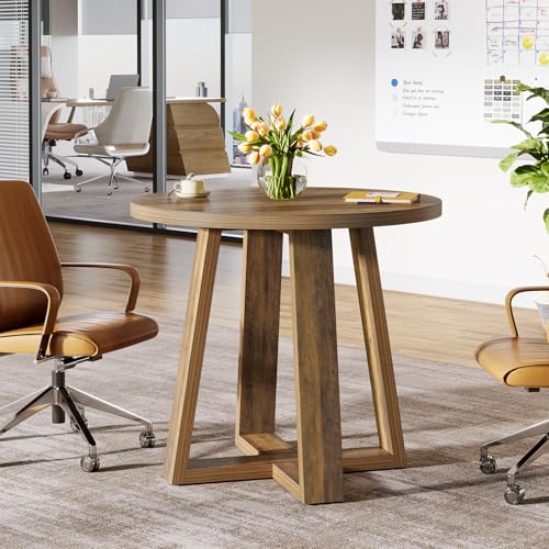 Tribesigns Round Conference Table for 2-4 People, 31.5-Inch Small Wooden Office Table with Sturdy Base, Farmhouse Home Office Meeting Desk for Small Spaces, Rustic Brown Tribesigns