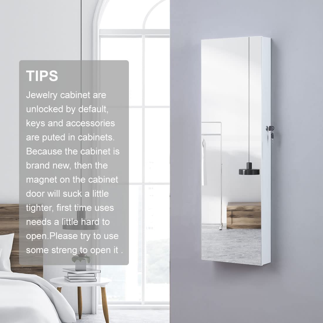 GISSAR Full Length Mirror Jewelry Cabinet, 6 LEDs Jewelry Armoire Wall Mounted Over The Door Hanging, Jewelry Organizer Display Storage Furniture with Lights Locker Mirrored Cabinet, White GISSAR