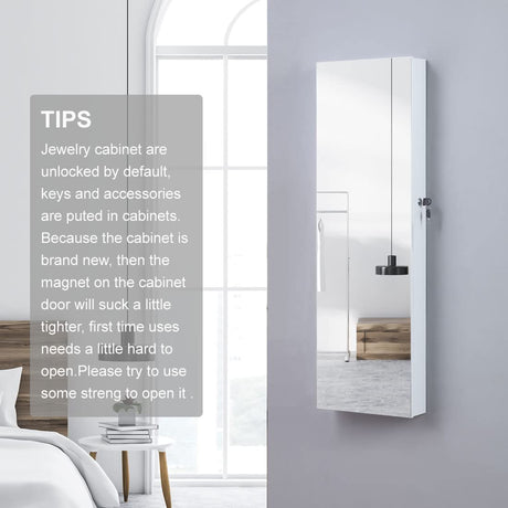 GISSAR Full Length Mirror Jewelry Cabinet, 6 LEDs Jewelry Armoire Wall Mounted Over The Door Hanging, Jewelry Organizer Display Storage Furniture with Lights Locker Mirrored Cabinet, White GISSAR