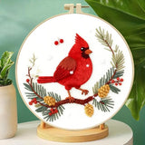 Zhenqing Red Bird in Winter Embroidery Kit for Beginners, Pre-Printed 29x29cm Cotton Fabric with 20cm Hoop, Featuring Pine Cones, Berries and Snow Design (C0213)
