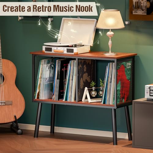 Record Player Stand with Adjustable Divider Vinyl Storage Holder Up to 200 Albums Mid-Century Large Record Player Table Vinyl Holder Turntable Stand End Table for Bedroom & Living Room, Patent Pending Simple Serenity