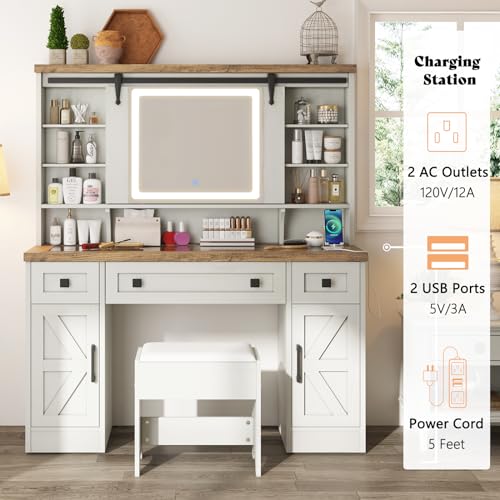 AMERLIFE 47.2" W Farmhouse Makeup Vanity Desk with Sliding Mirror, Vanity Set with Stool & Charging Station & 3 Brightness Lights, Glass Desktop, Ample Storage, Antique White AMERLIFE