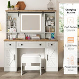 AMERLIFE 47.2" W Farmhouse Makeup Vanity Desk with Sliding Mirror, Vanity Set with Stool & Charging Station & 3 Brightness Lights, Glass Desktop, Ample Storage, Antique White AMERLIFE