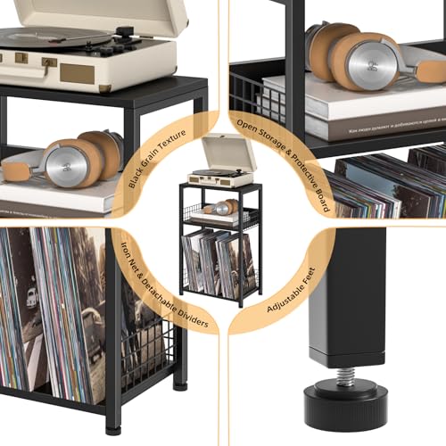 LELELINKY Side Table with Storage, Black Night Stand for Small Spaces, 3 Tier Industrial Wooden Record Player Holder with Vinyl Storage Shelf, End Tables Printer Stand for Bedroom LELELINKY