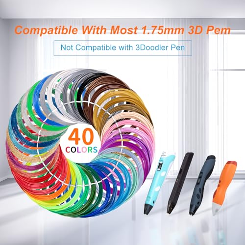 Kretrum 3D Pen Filament Refills 40 Colors, 3D Printer PLA 1.75mm Filament,Each Color 3M, Total 120M (394 Feets), Sparkly Glitter Transparent Glowing Filament, Compatible with MYNT3D SCRIB3D 3 - WoodArtSupply