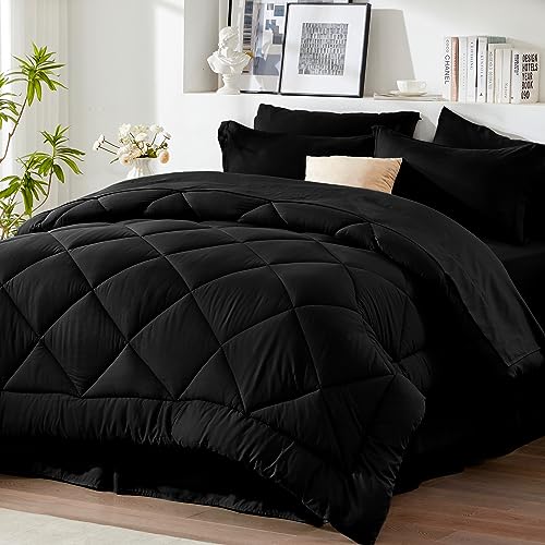 Newspin King Comforter Set Black - Bed in a Bag King Size 8 Pieces, All Season Bed Set, Fluffy Comforter Set with Sheets, Sheet Set Quilt Blanket, Pillowcases & Shams & Bed Skirt Newspin