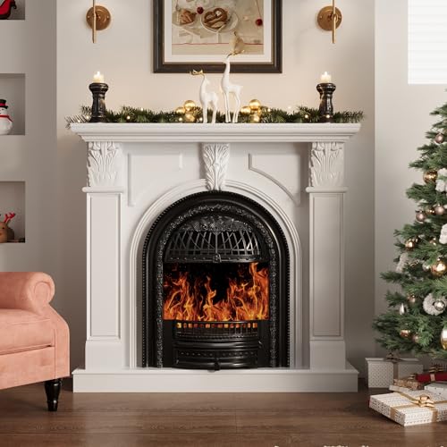 BOSHIRO 48" Electric Fireplace Tv Stand with Mantel, Entertainment Center with Black Birdcage Fire Place Heater & Carved Square Column Design for Living Room, Bedroom BOSHIRO
